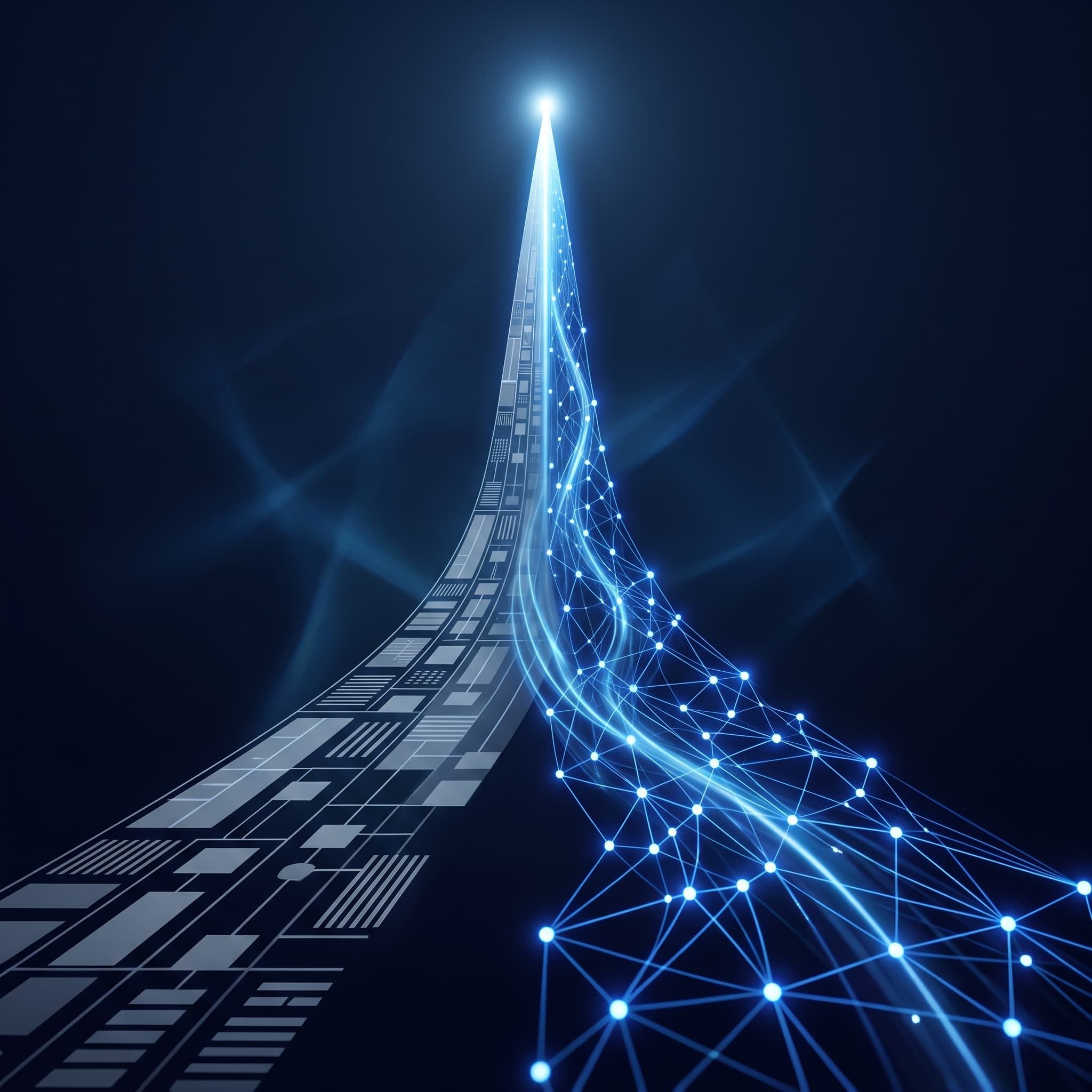 An illustrated visual of business and AI converging into one ascending point
